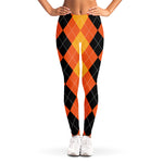 Orange And Black Argyle Pattern Print Women's Leggings