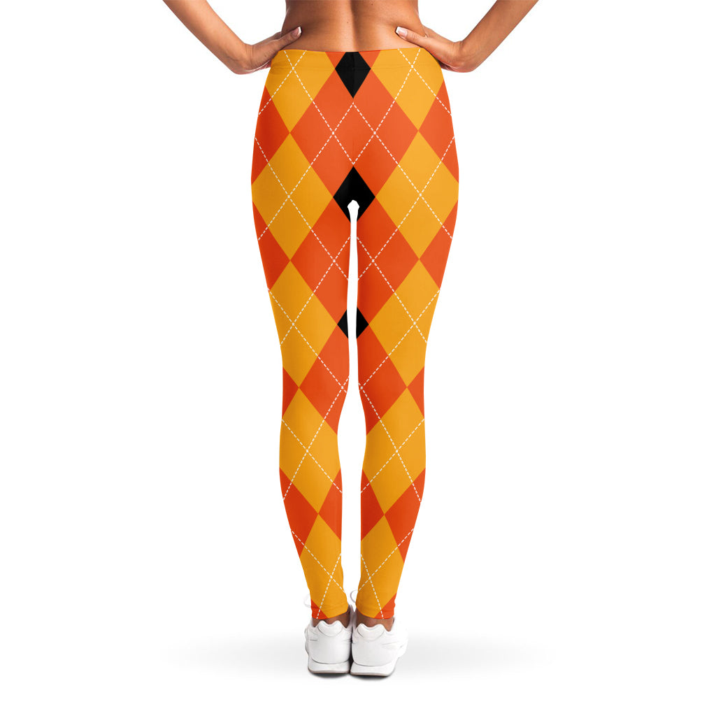 Orange And Black Argyle Pattern Print Women's Leggings