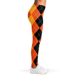 Orange And Black Argyle Pattern Print Women's Leggings