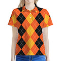 Orange And Black Argyle Pattern Print Women's Polo Shirt