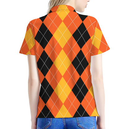Orange And Black Argyle Pattern Print Women's Polo Shirt