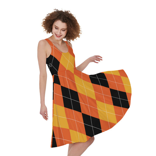 Orange And Black Argyle Pattern Print Women's Sleeveless Dress