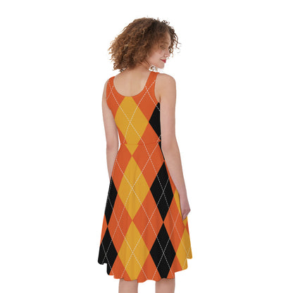 Orange And Black Argyle Pattern Print Women's Sleeveless Dress