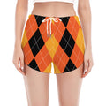 Orange And Black Argyle Pattern Print Women's Split Running Shorts