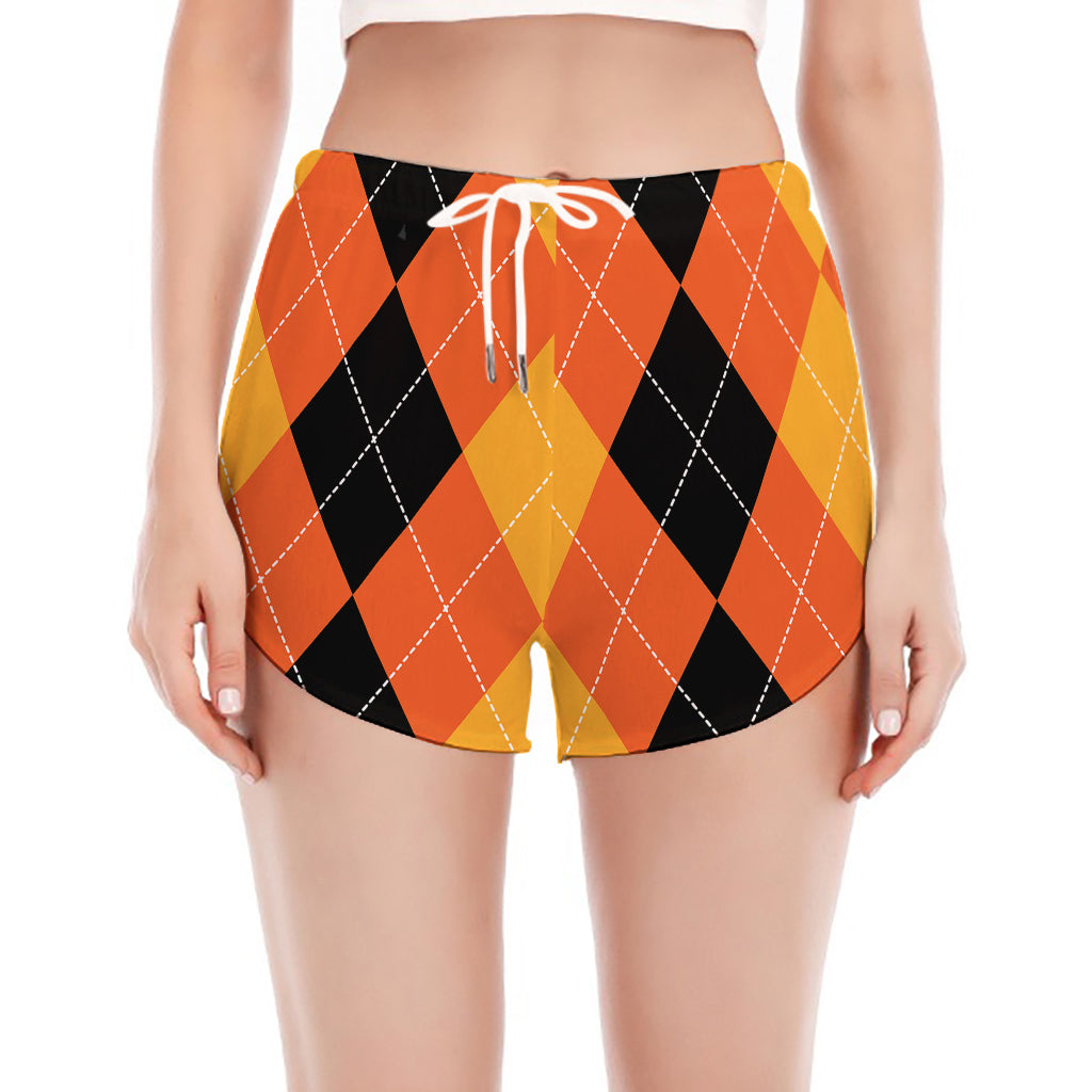 Orange And Black Argyle Pattern Print Women's Split Running Shorts