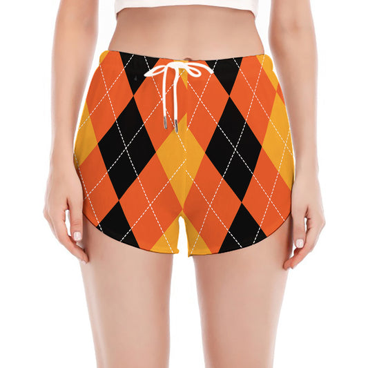 Orange And Black Argyle Pattern Print Women's Split Running Shorts