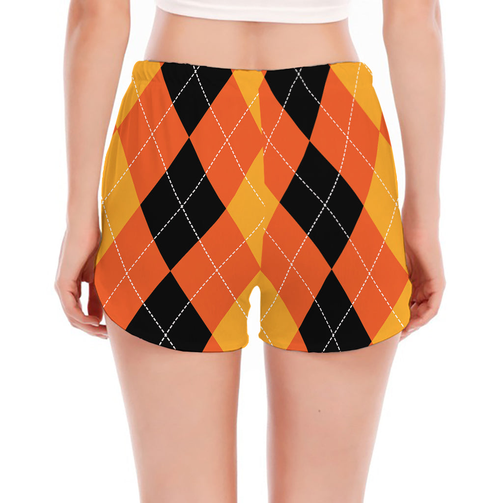 Orange And Black Argyle Pattern Print Women's Split Running Shorts
