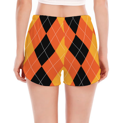 Orange And Black Argyle Pattern Print Women's Split Running Shorts