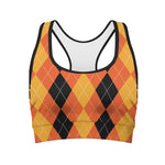 Orange And Black Argyle Pattern Print Women's Sports Bra