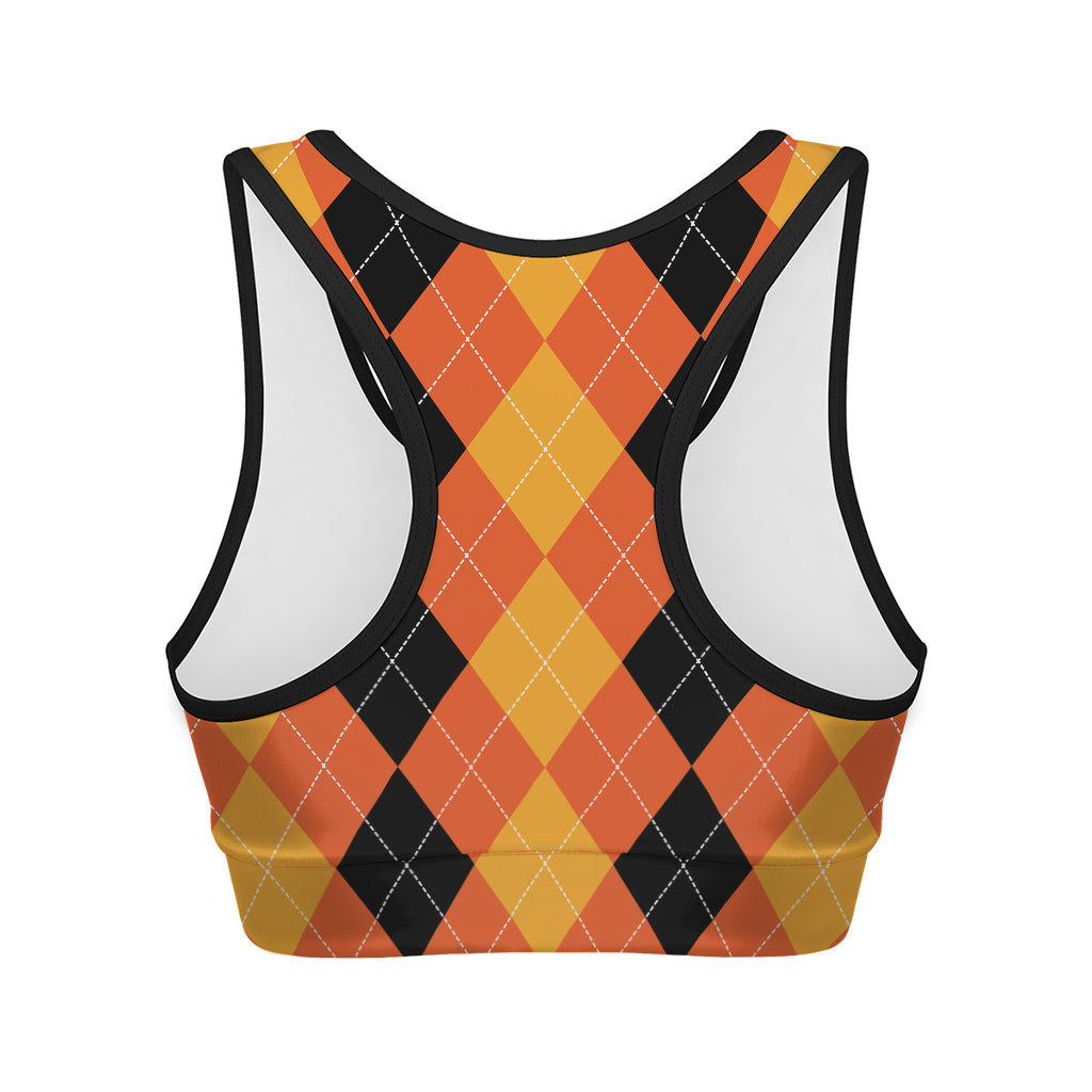 Orange And Black Argyle Pattern Print Women's Sports Bra