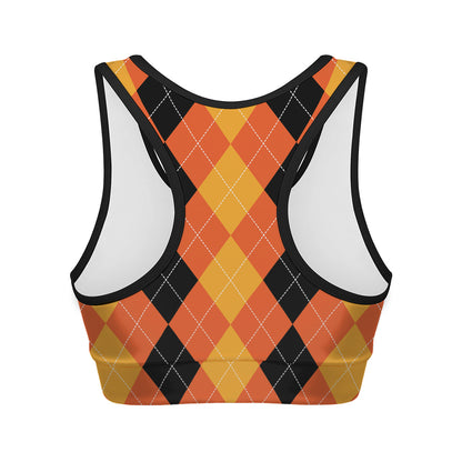 Orange And Black Argyle Pattern Print Women's Sports Bra