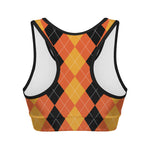 Orange And Black Argyle Pattern Print Women's Sports Bra