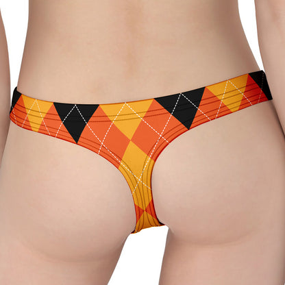 Orange And Black Argyle Pattern Print Women's Thong