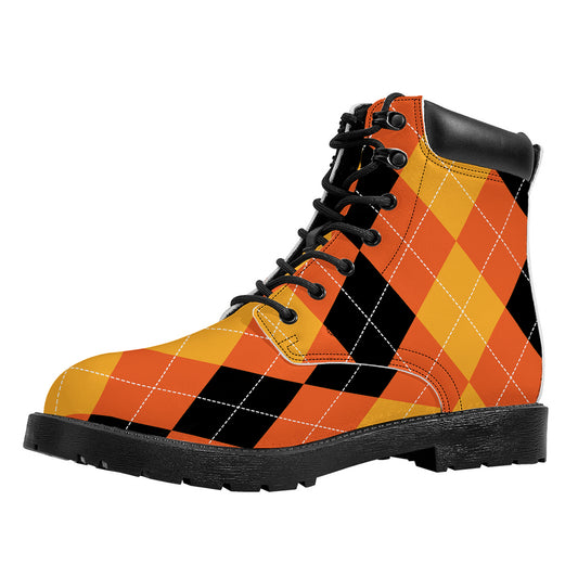 Orange And Black Argyle Pattern Print Work Boots