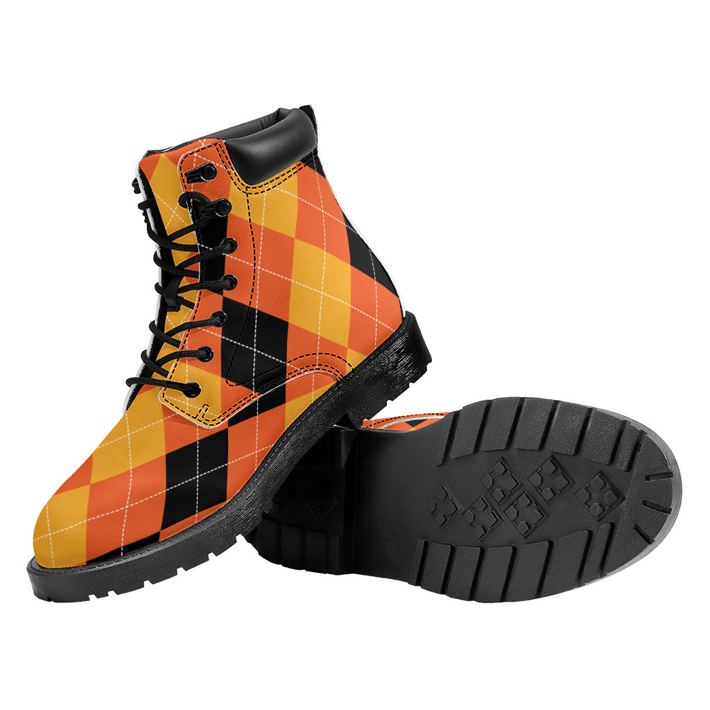 Orange And Black Argyle Pattern Print Work Boots