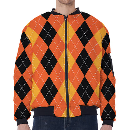 Orange And Black Argyle Pattern Print Zip Sleeve Bomber Jacket