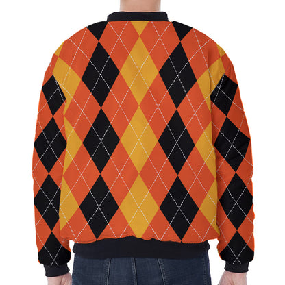 Orange And Black Argyle Pattern Print Zip Sleeve Bomber Jacket