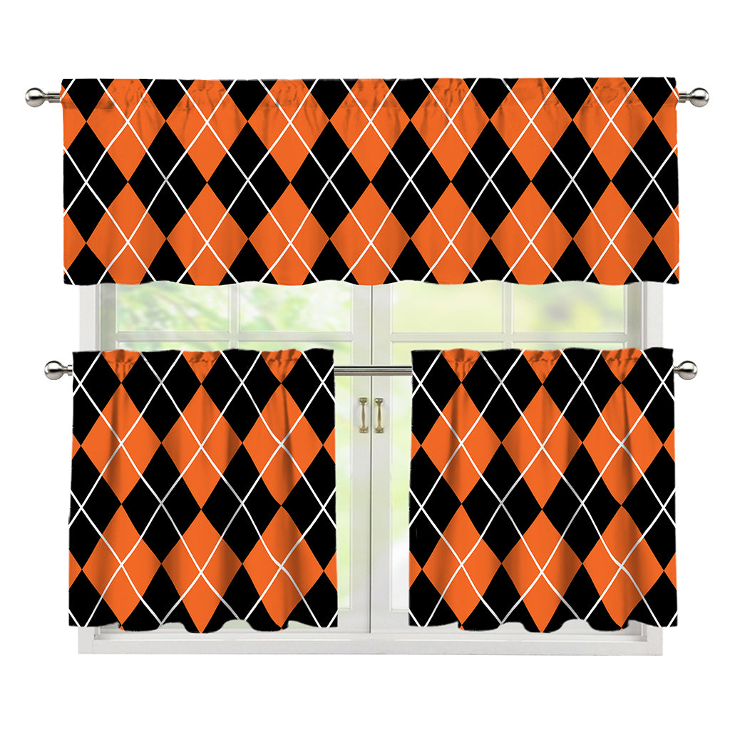 Orange And Black Argyle Print 3 Piece Kitchen Curtains