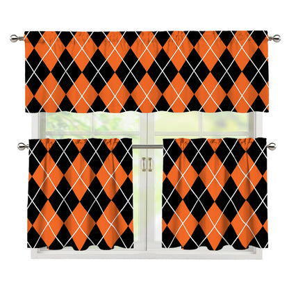 Orange And Black Argyle Print 3 Piece Kitchen Curtains