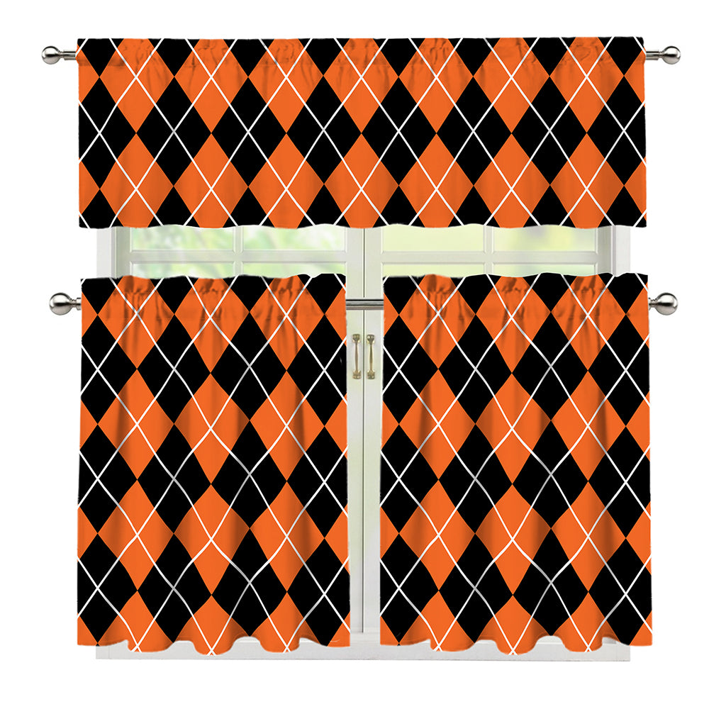 Orange And Black Argyle Print 3 Piece Kitchen Curtains