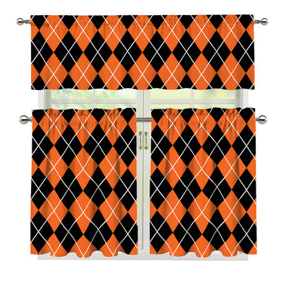 Orange And Black Argyle Print 3 Piece Kitchen Curtains