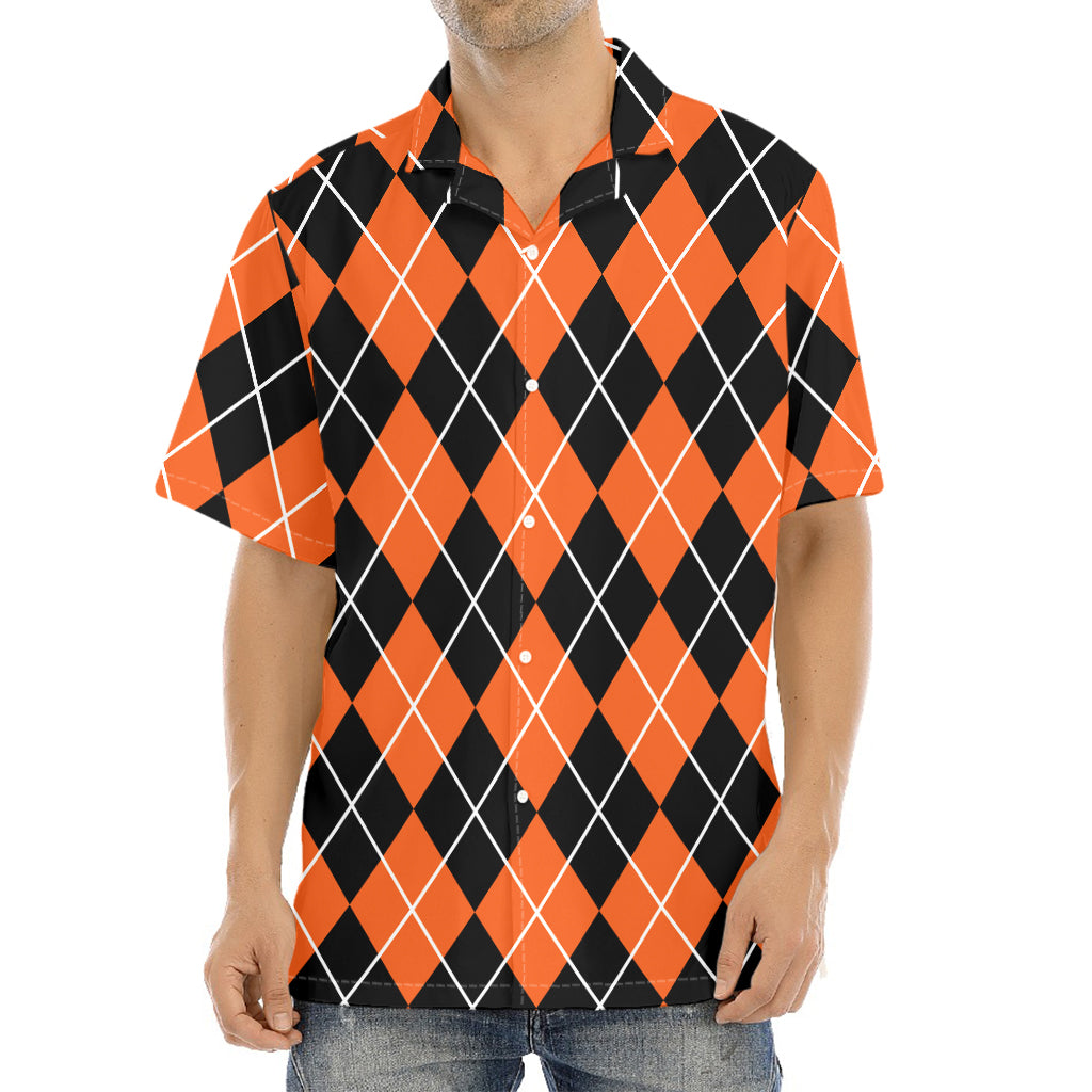 Orange And Black Argyle Print Aloha Shirt