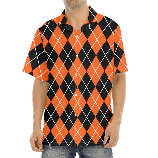 Orange And Black Argyle Print Aloha Shirt