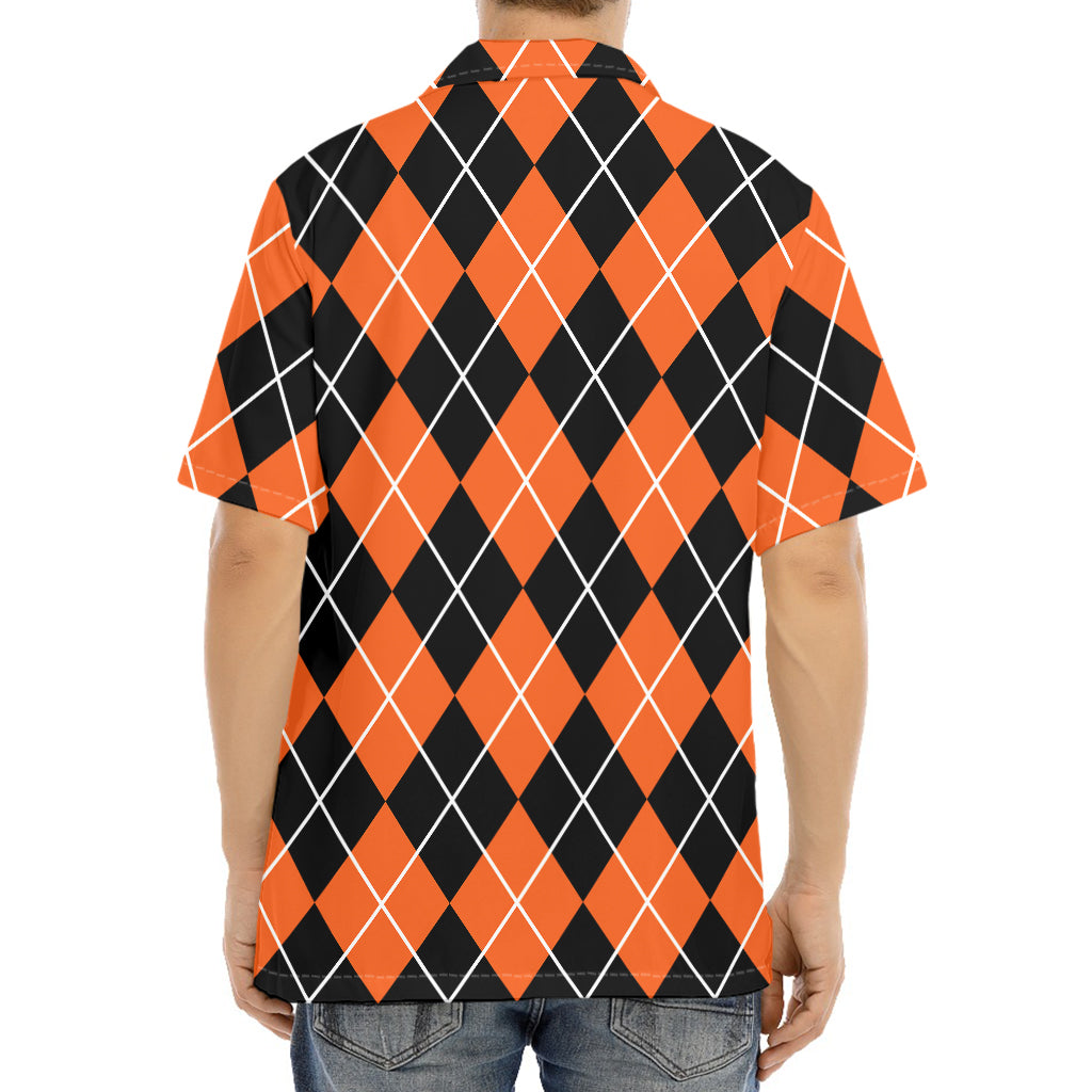Orange And Black Argyle Print Aloha Shirt