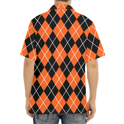Orange And Black Argyle Print Aloha Shirt
