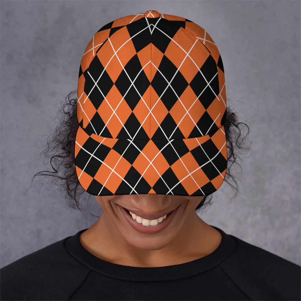 Orange And Black Argyle Print Baseball Cap