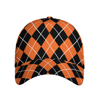 Orange And Black Argyle Print Baseball Cap