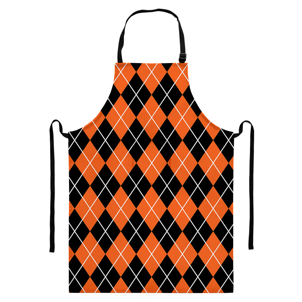 Orange And Black Argyle Print Bib Apron With Pocket