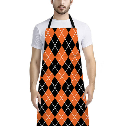 Orange And Black Argyle Print Bib Apron With Pocket