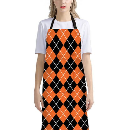 Orange And Black Argyle Print Bib Apron With Pocket