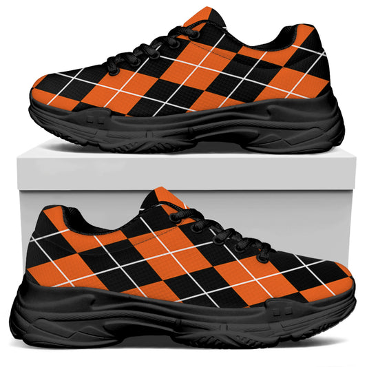 Orange And Black Argyle Print Black Chunky Shoes
