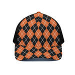 Orange And Black Argyle Print Black Mesh Trucker Cap