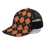 Orange And Black Argyle Print Black Mesh Trucker Cap