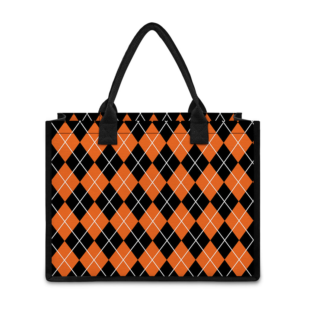 Orange And Black Argyle Print Canvas Tote Bag