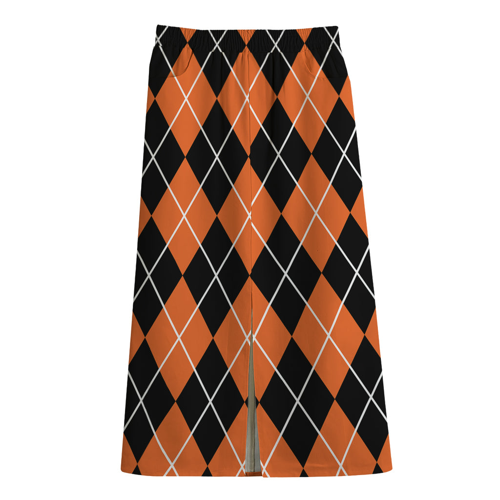 Orange And Black Argyle Print Cotton Front Slit Maxi Skirt