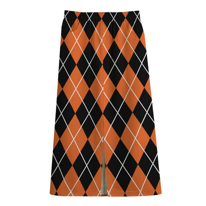 Orange And Black Argyle Print Cotton Front Slit Maxi Skirt