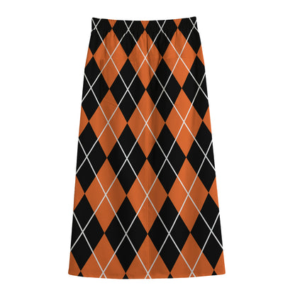 Orange And Black Argyle Print Cotton Front Slit Maxi Skirt