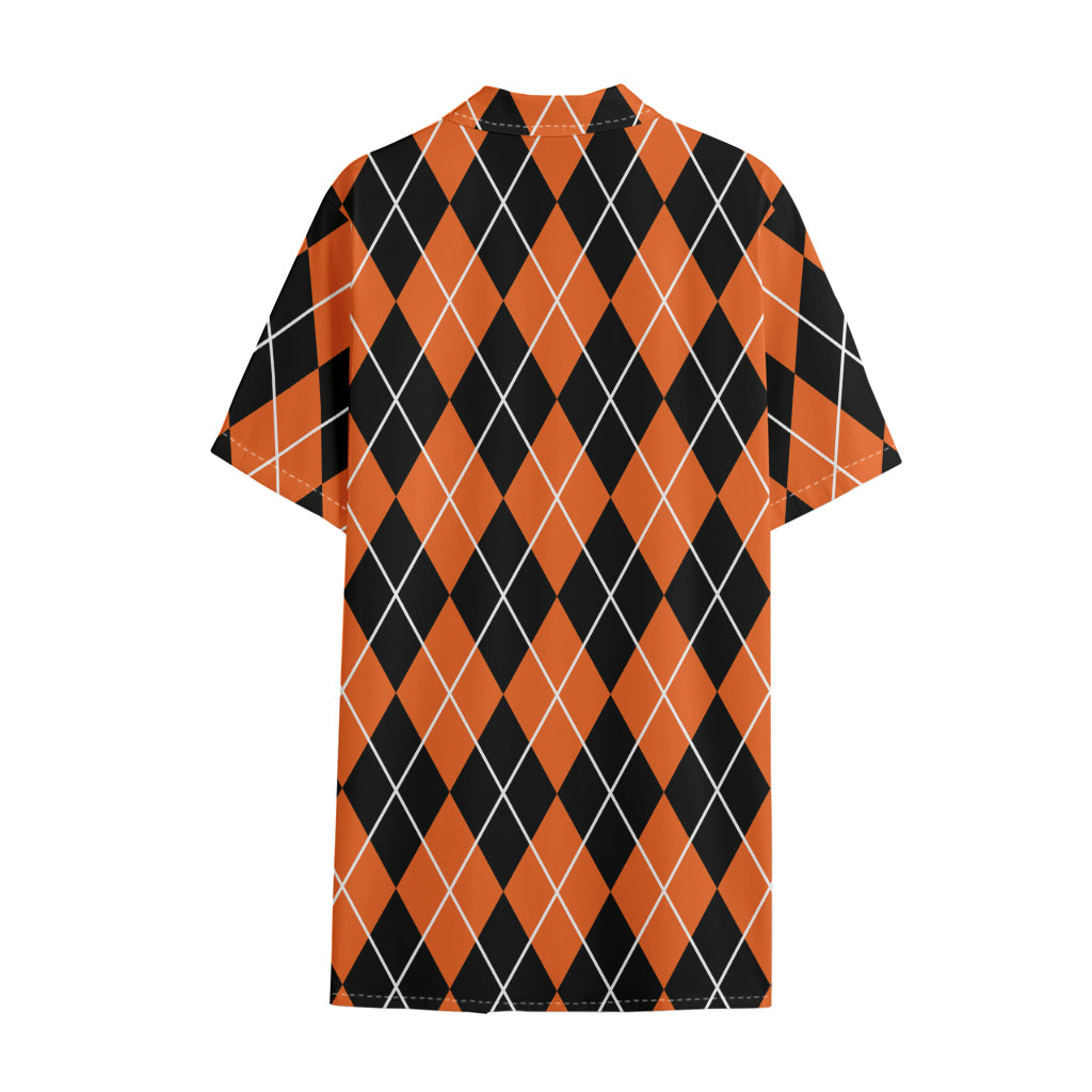Orange And Black Argyle Print Cotton Hawaiian Shirt