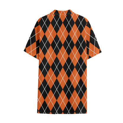 Orange And Black Argyle Print Cotton Hawaiian Shirt