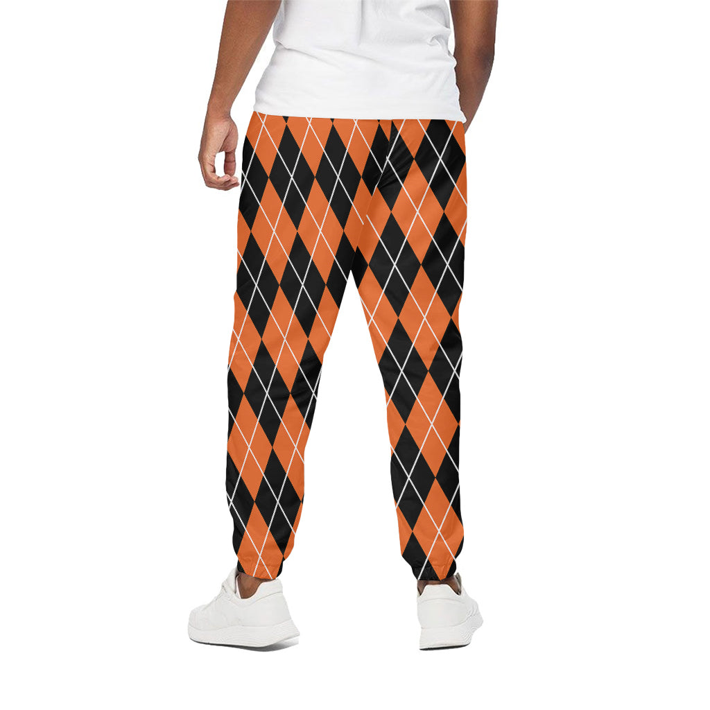 Orange And Black Argyle Print Cotton Pants