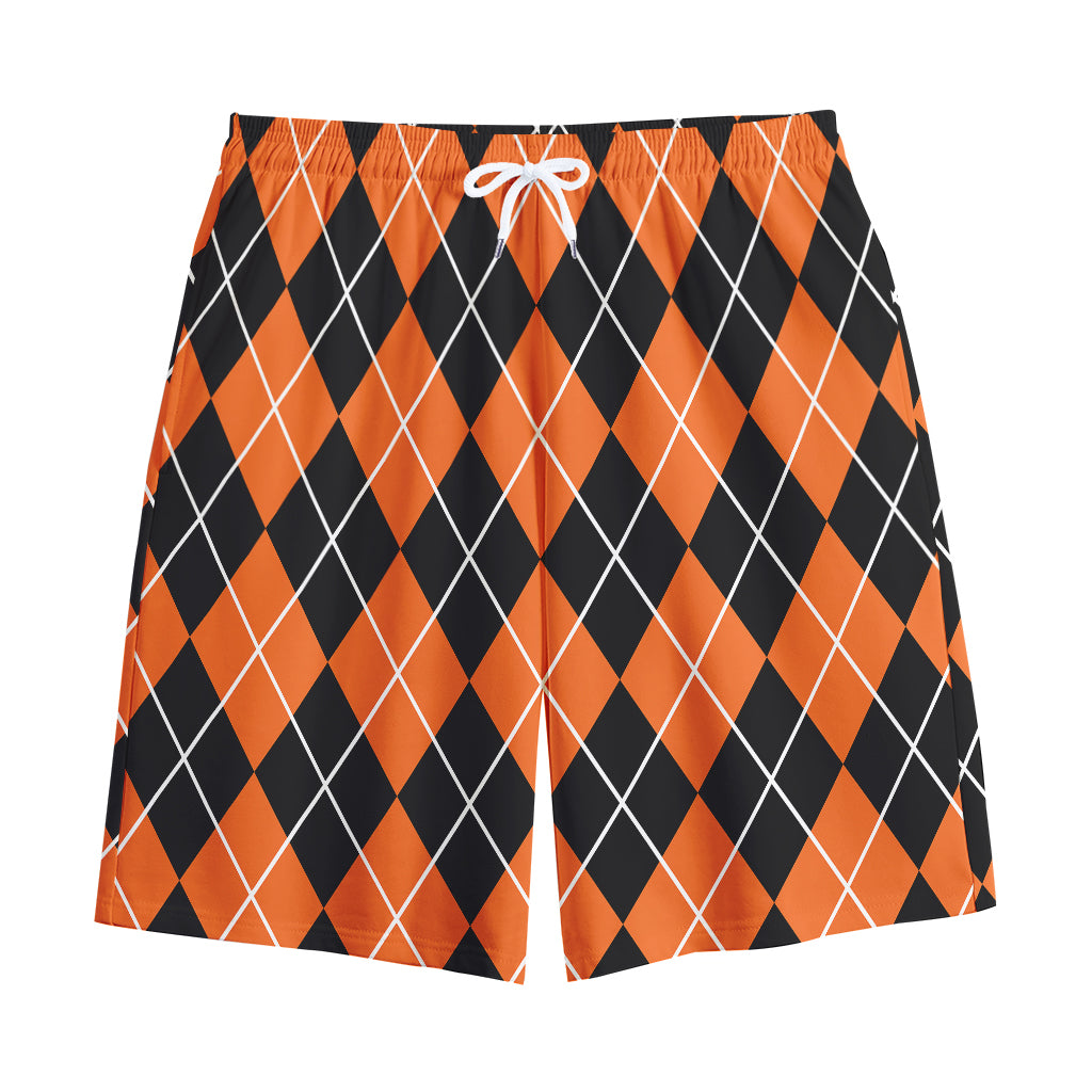 Orange And Black Argyle Print Cotton Shorts