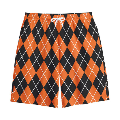 Orange And Black Argyle Print Cotton Shorts