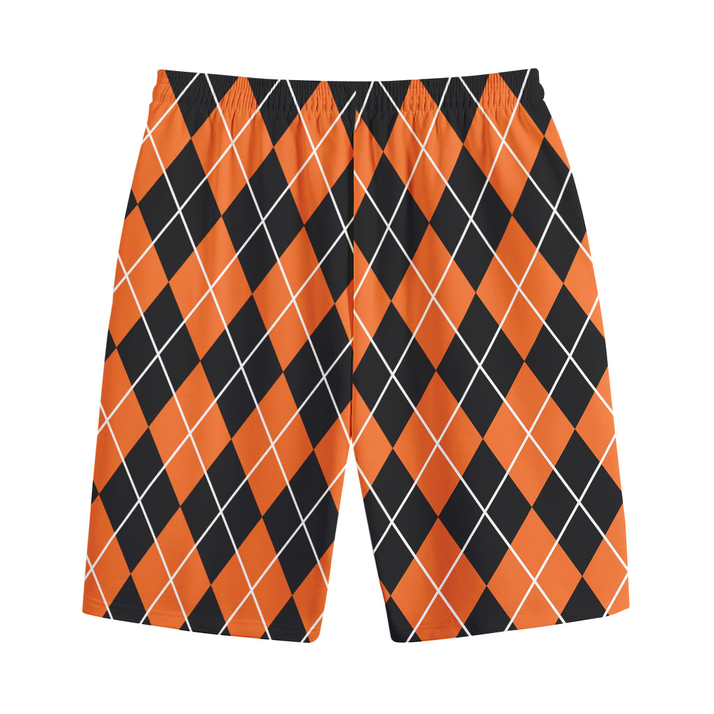 Orange And Black Argyle Print Cotton Shorts