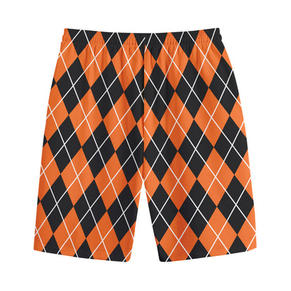 Orange And Black Argyle Print Cotton Shorts