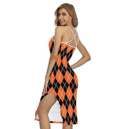 Orange And Black Argyle Print Cross Back Cami Dress