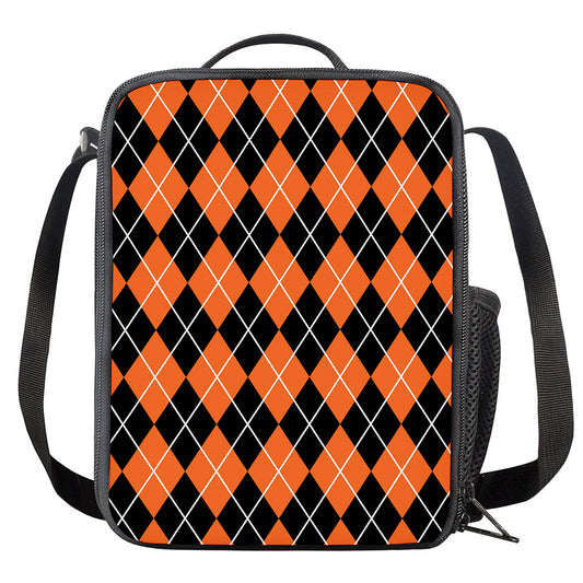 Orange And Black Argyle Print Crossbody Lunch Bag